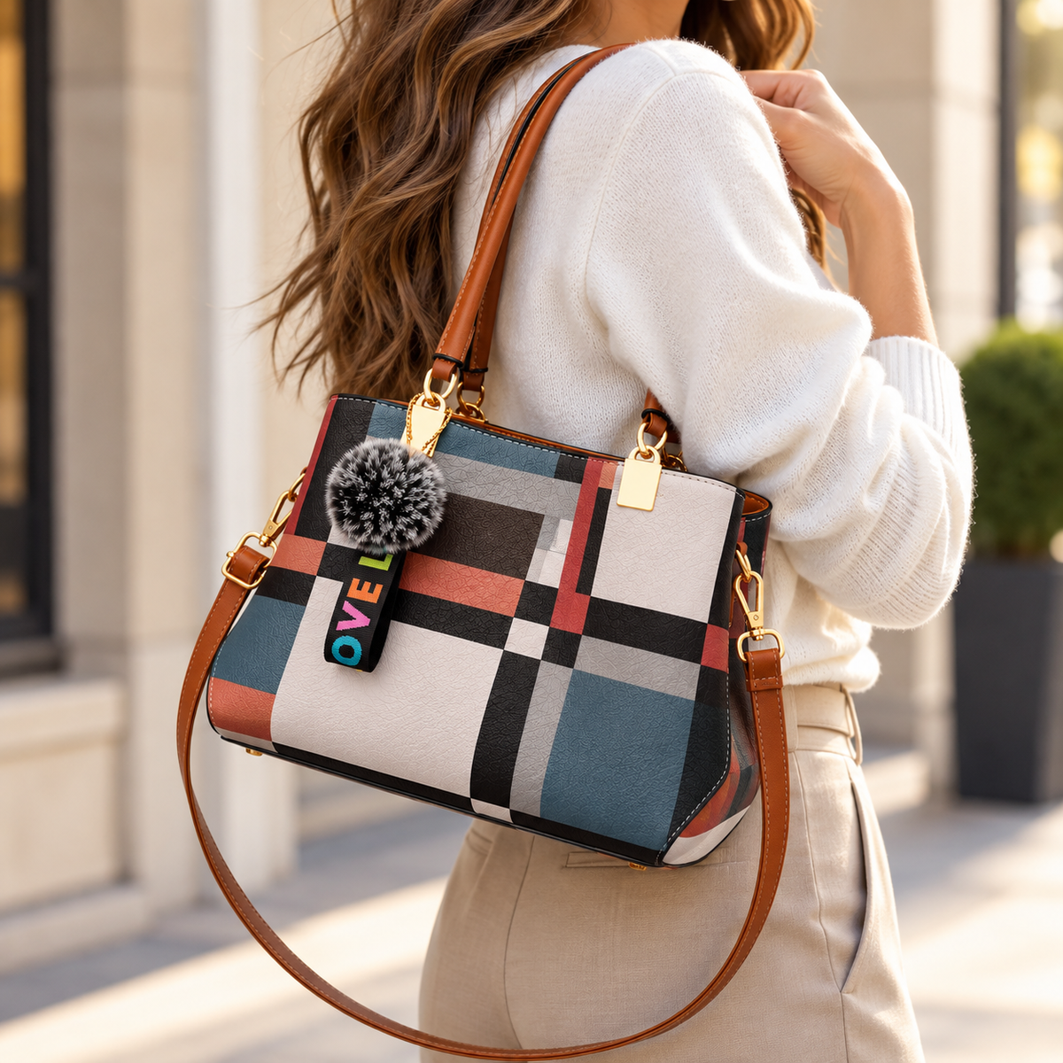 Sophia Elegant Checkered Handbag – Shoulder & Crossbody Bag