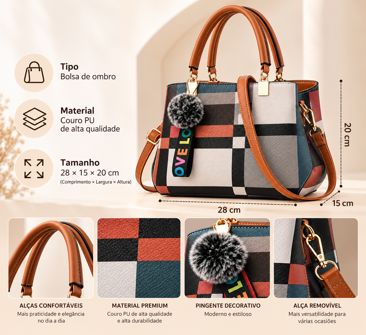 Sophia Elegant Checkered Handbag – Shoulder & Crossbody Bag